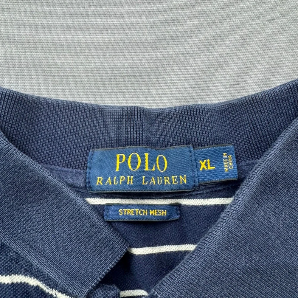 Polo Ralph Lauren Mens XL Navy Blue White Striped Stretch Mesh Polo Shirt Logo